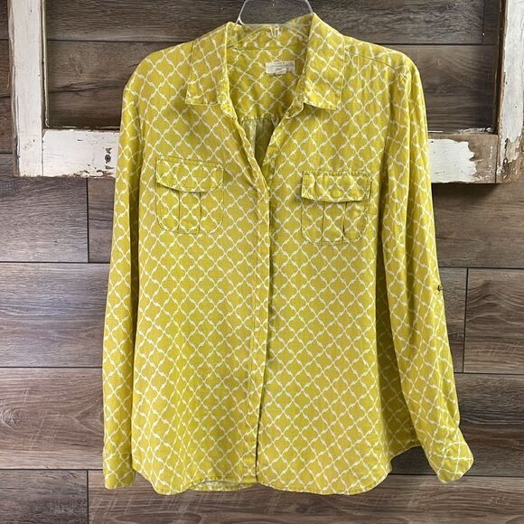 CHARTER CLUB Blouse XLarge Linen Geometric RollTab Sleeve Woven Top Shirt Yellow - Picture 3 of 8
